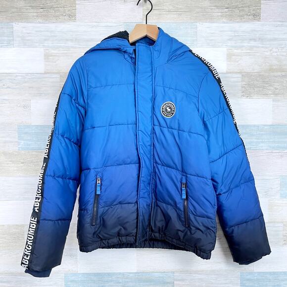 Abercrombie Kids Sherpa Lined Puffer Logo Stripe Jacket Blue Hooded Boys 15 16
